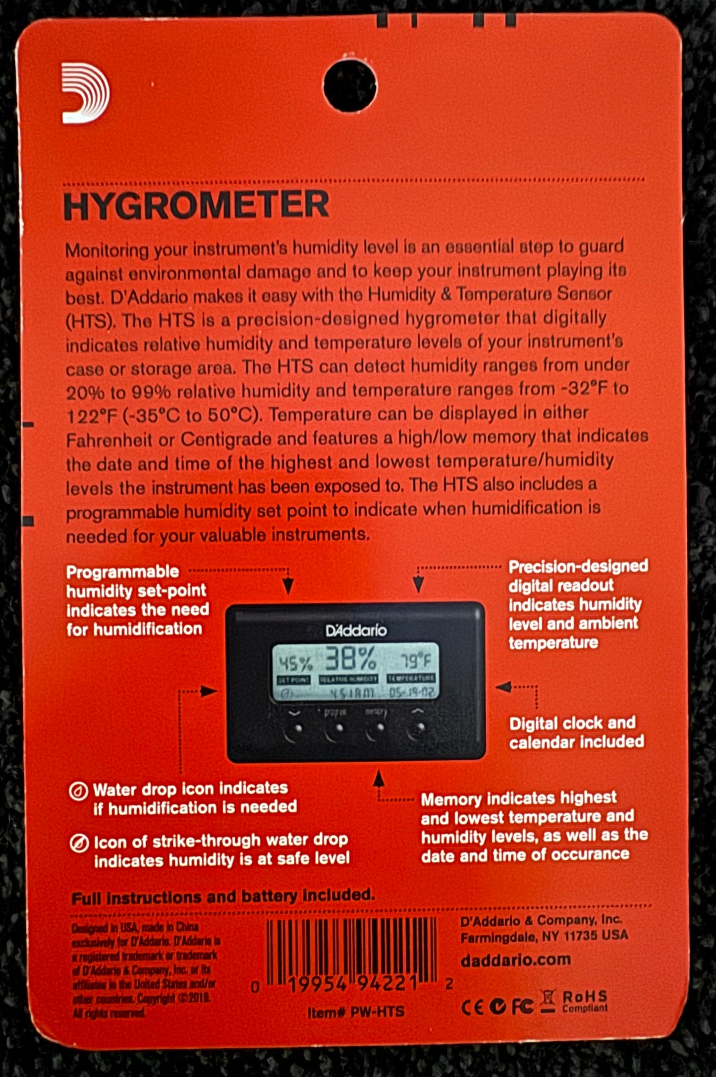 D'Addario Hygrometer Humidity & Temperature Sensor