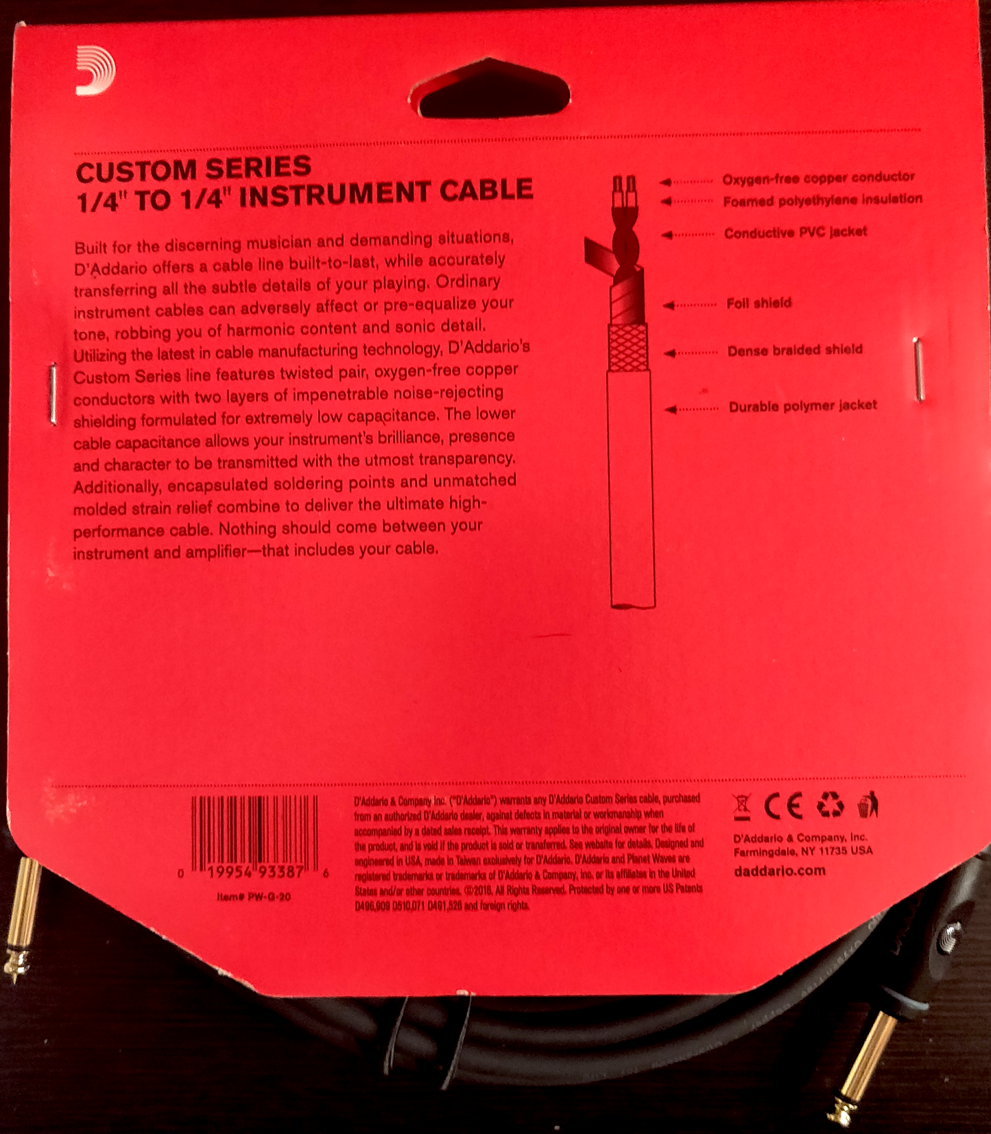 D'Addario Planet Waves Custom Series 20' Instrument Cable