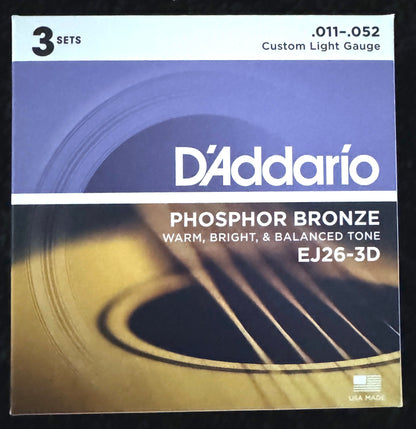 D'Addario Phosphor Bronze Acoustic Guitar Strings 3-Pack EJ26-3D