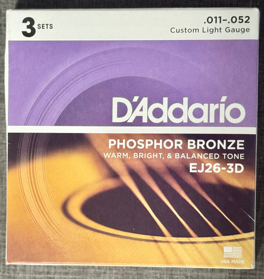 D'Addario Phosphor Bronze Acoustic Guitar Strings 3-Pack EJ26-3D