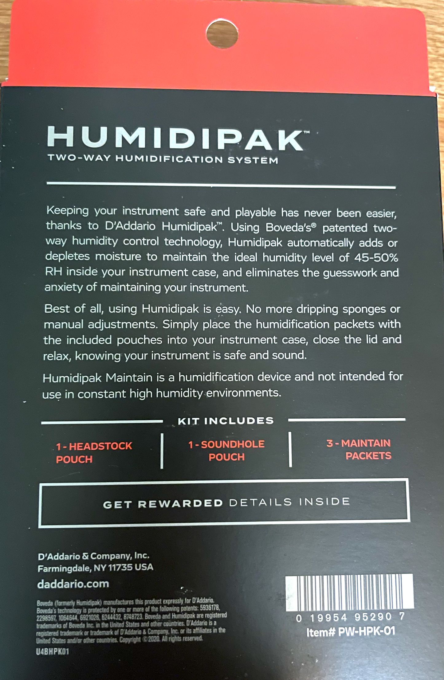 D'Addario Humidipak Automatic Humidity Control System For Acoustic Guitar